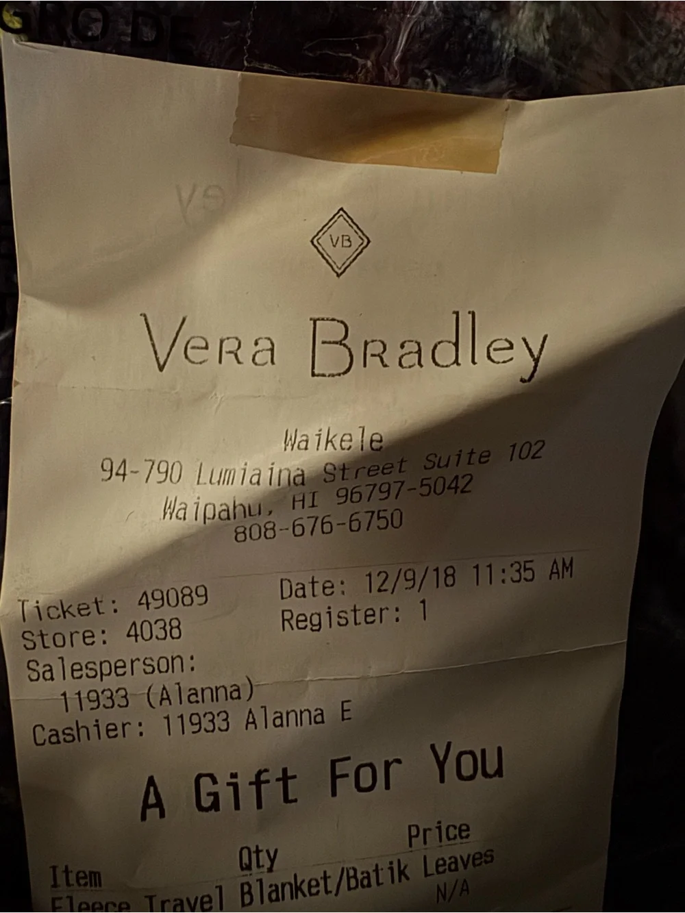 NWT Vera Bradley Fleece travel blanket batik leaves still in bag with receipt.